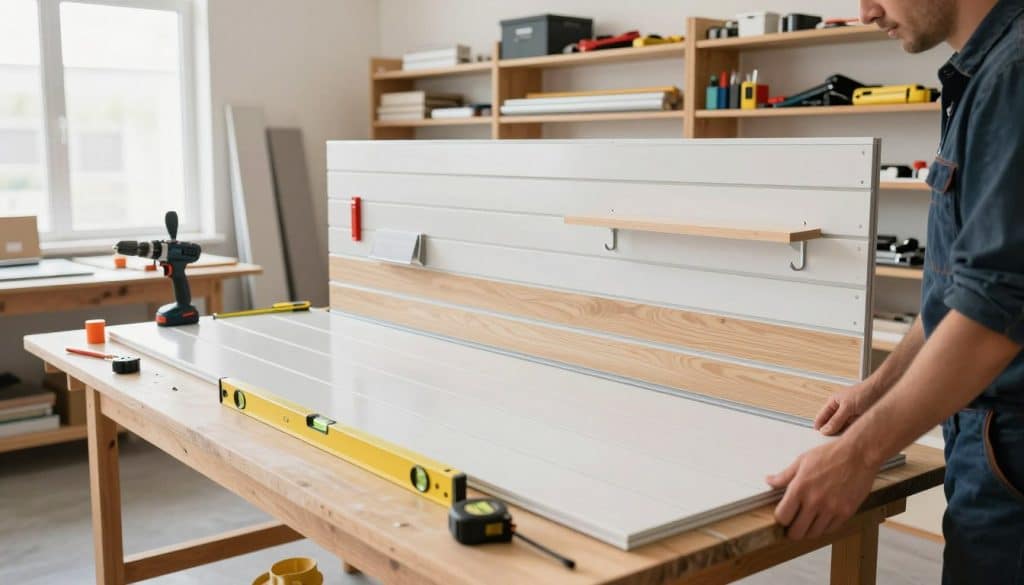 A well-lit workshop interior showcasing a professional installing slatwall panels. In the foreground, a person in smart-casual attire is carefully aligning slatwall panels on a sturdy workshop table, with tools such as a level, tape measure, and drill visible. In the middle, partially installed slatwall panels are mounted on a striped wall, revealing horizontal grooves and a variety of accessories like hooks and shelves. The background features organized shelves filled with slatwall products, tools, and materials, creating a sense of order and professionalism. The lighting is bright and natural, coming from large windows, enhancing the atmosphere of craftsmanship and attention to detail. The perspective is slightly elevated to capture the entire scene, providing a comprehensive view of the installation process. - how to install slatwall panels