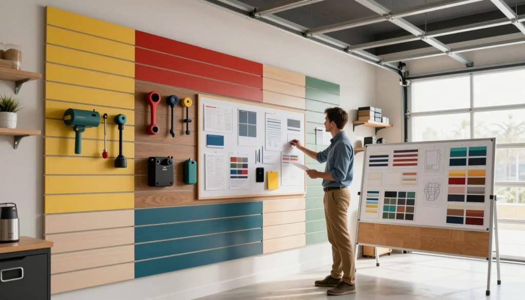 A bright, modern garage interior showcasing elegant USA-made slatwall panels in diverse colors and finishes. In the foreground, a professional designer, dressed in smart casual clothing, stands beside a large, colorful design board filled with design ideas and samples. The middle ground features installed slatwall panels, neatly organized with various tools and accessories displayed, highlighting functionality and versatility. In the background, light floods through a window, illuminating the space and creating an inviting atmosphere, with well-organized shelving and storage options. The image is captured with a slightly angled perspective to emphasize depth, using soft, natural lighting to enhance color vibrancy and texture. The mood is professional, creative, and welcoming, embodying efficiency and expert service in design and installation.